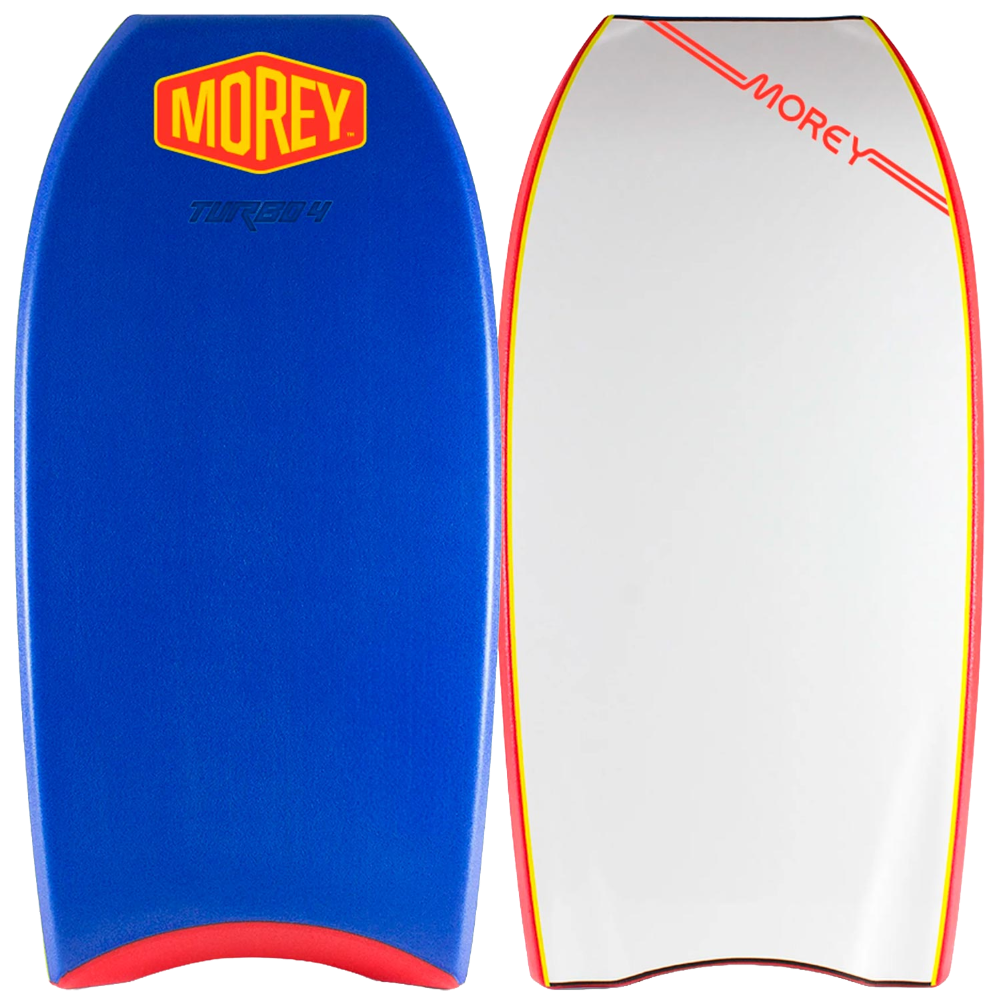 Morey Turbo 4: deck azul y slick blanco con detalles rojos